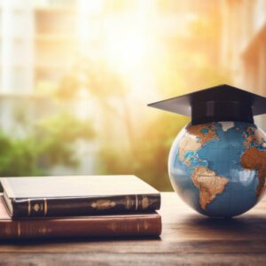 graduate hat on globe with book on the side