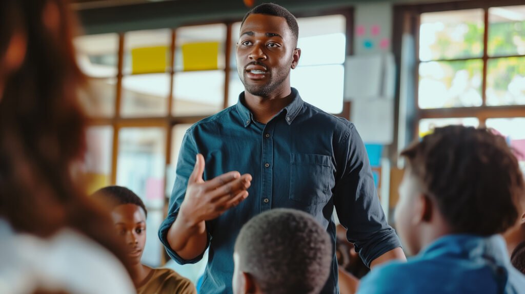 Male teacher supporting and mentoring students