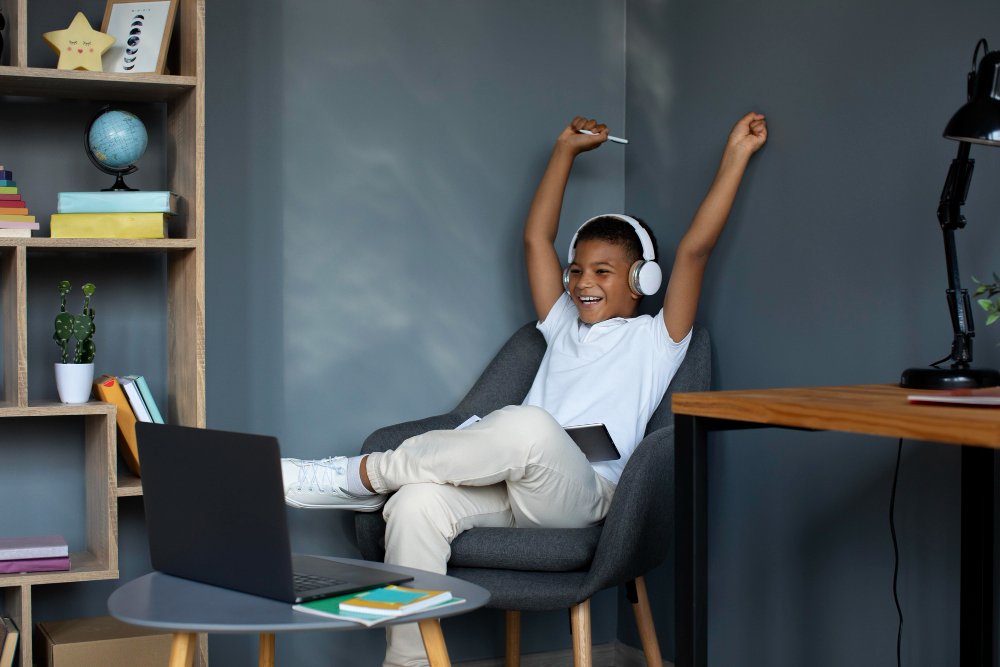 Relaxed high school student with flexible schedule, stress-free study space, balanced life, education and hobbies