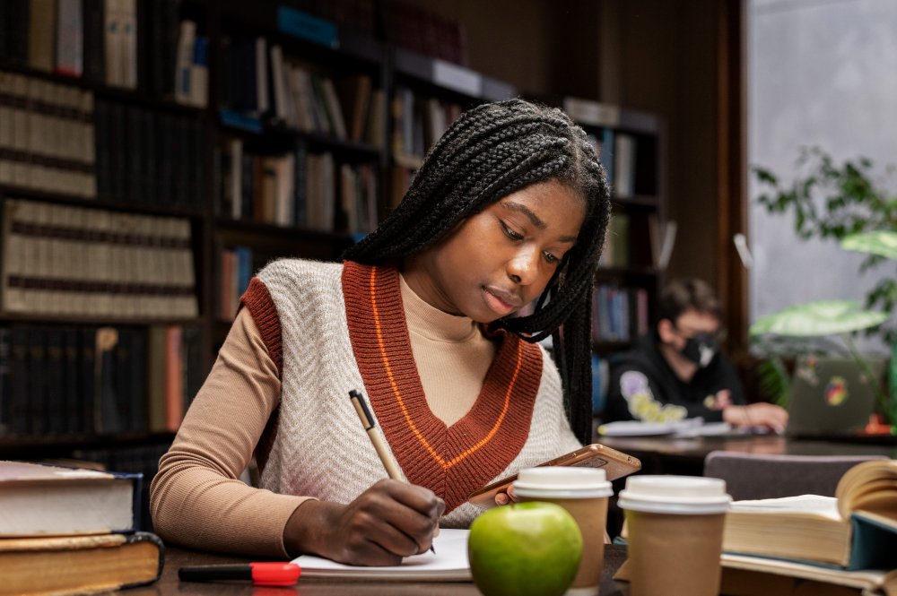 A confident high school student smiling while studying math in a summer academy setting, symbolizing accelerated learning and academic success.